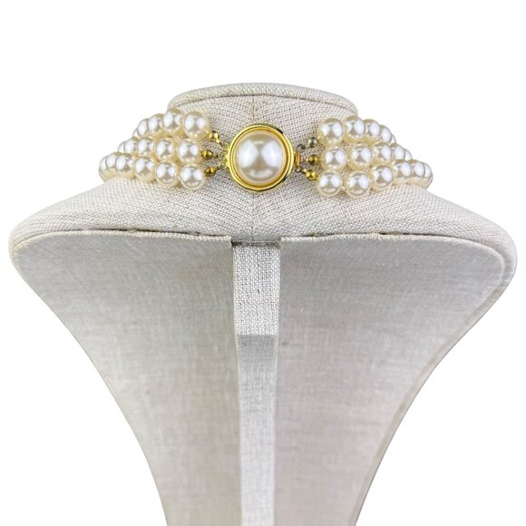 Vintage Womens Gold Tone Faux Pearl Necklace 3-Strand Choker Elegant Jewelry - Picture 2 of 3